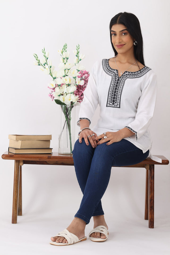 White Cotton Slub Embroidered Top with 3/4th Sleeves