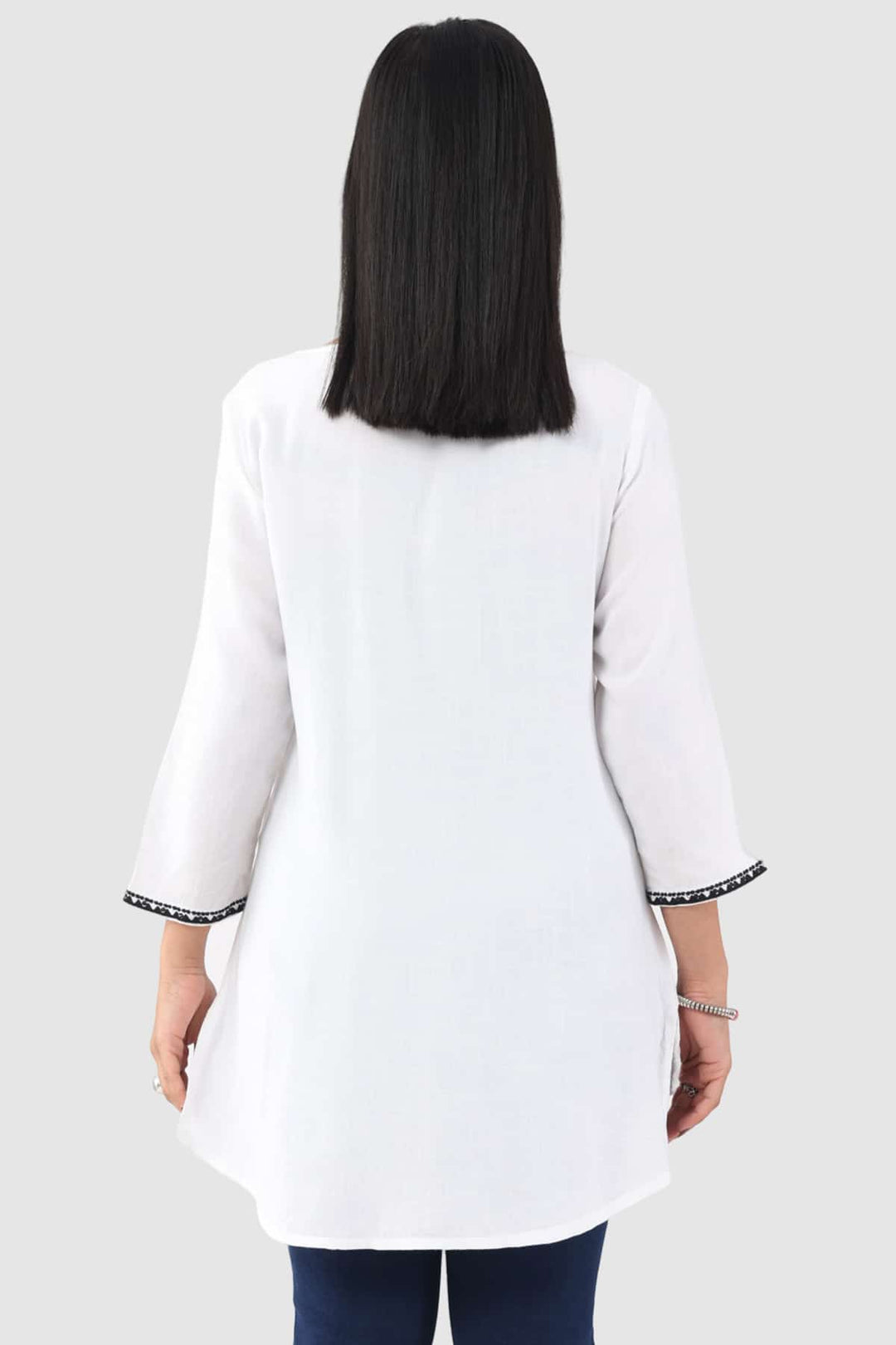 White Cotton Slub Embroidered Top with 3/4th Sleeves