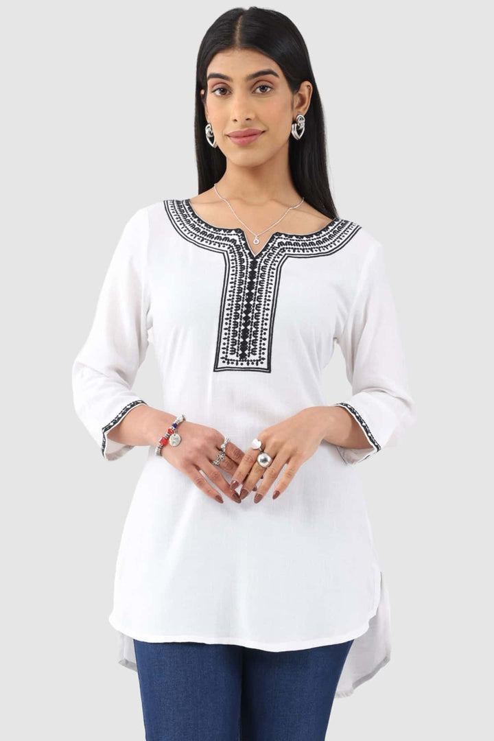 White Cotton Slub Embroidered Top with 3/4th Sleeves