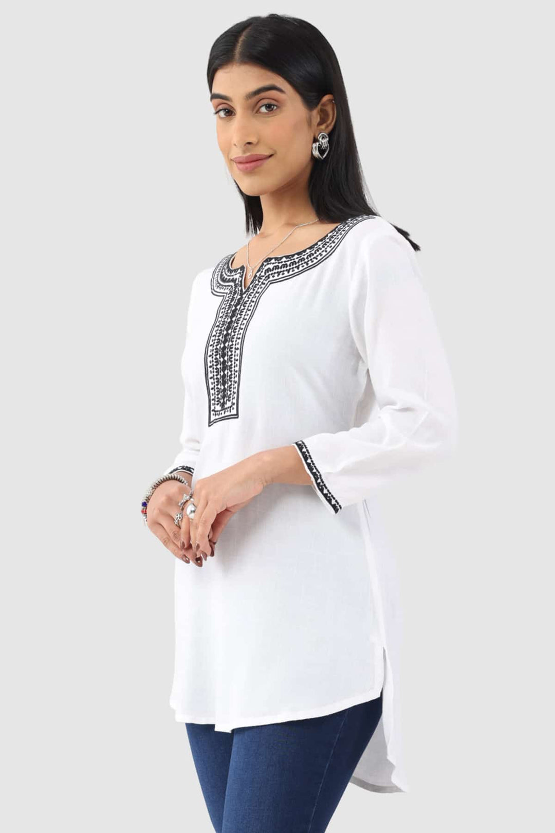 White Cotton Slub Embroidered Top with 3/4th Sleeves