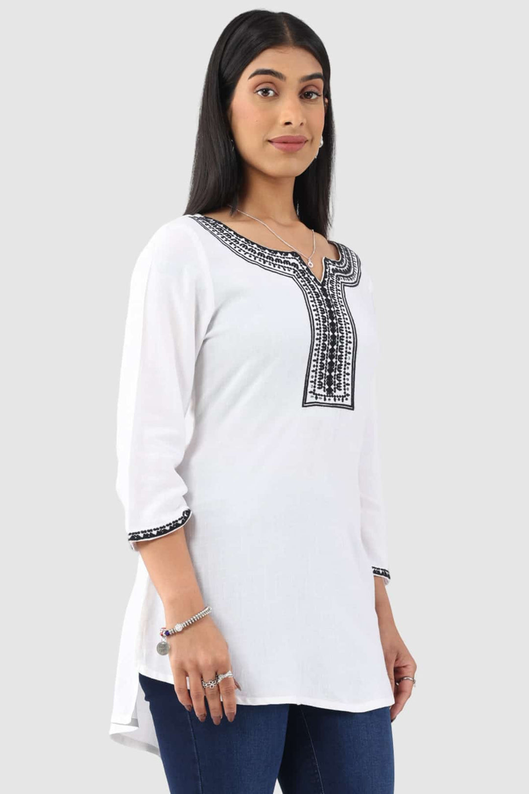 White Cotton Slub Embroidered Top with 3/4th Sleeves
