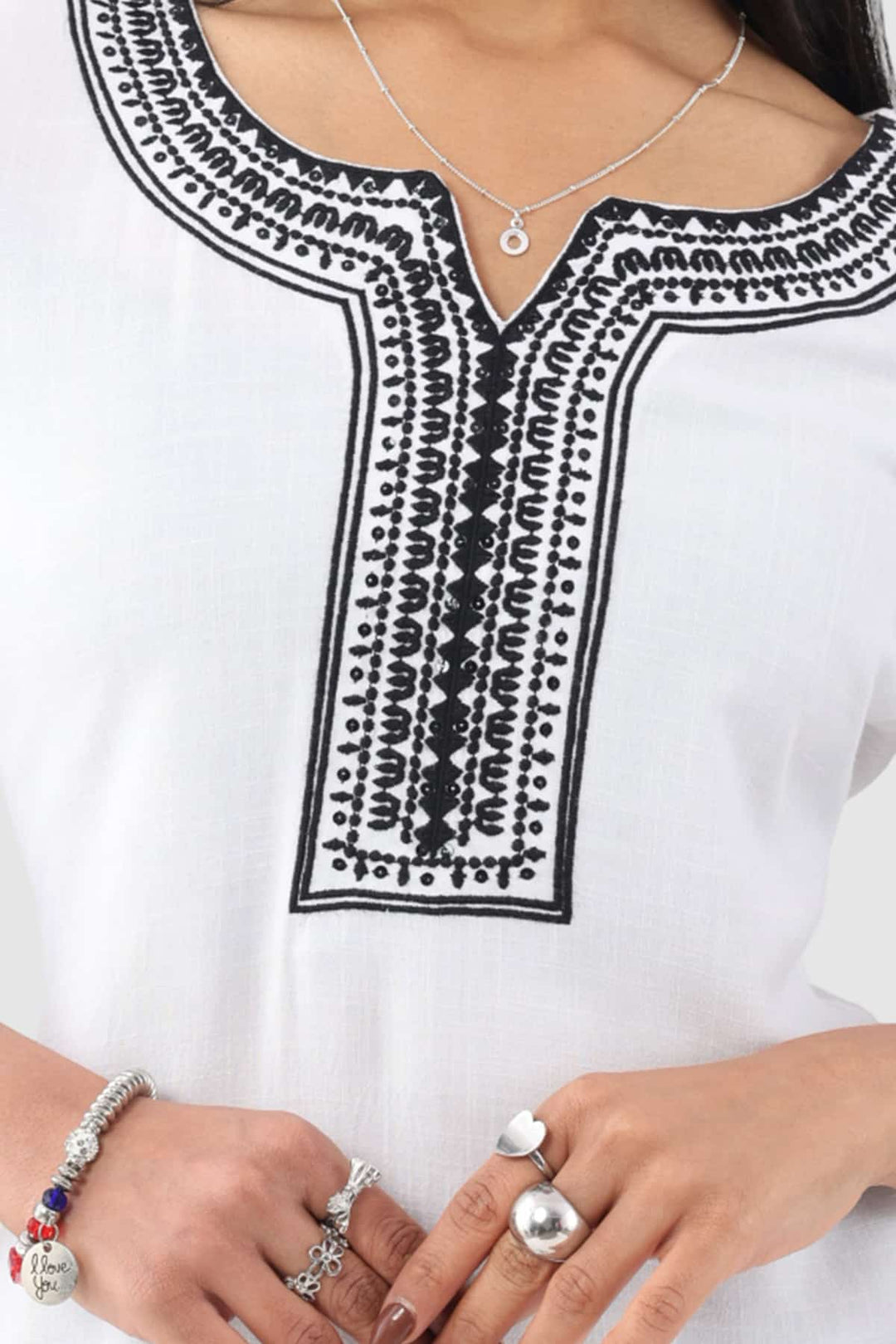 White Cotton Slub Embroidered Top with 3/4th Sleeves