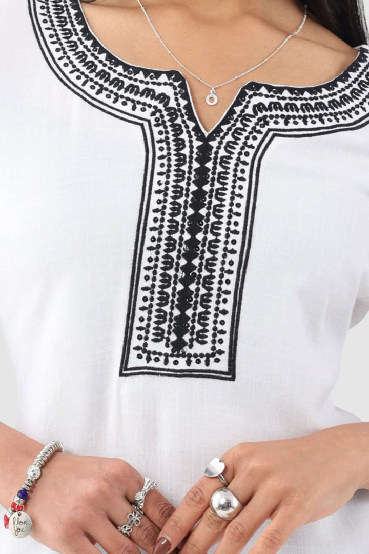 White Cotton Slub Embroidered Top with 3/4th Sleeves