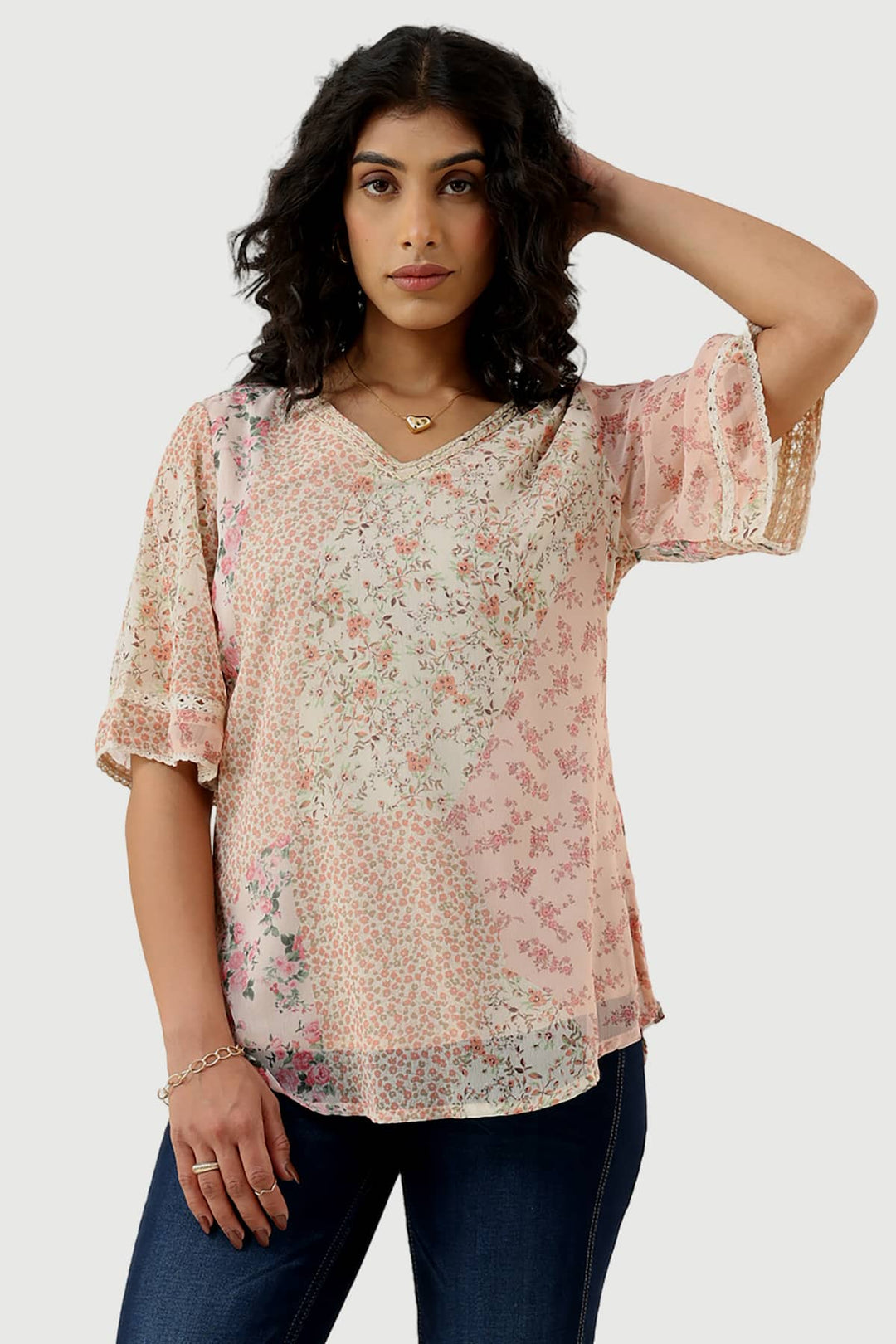 Peach Printed Chiffon Casual Top with V-Neck