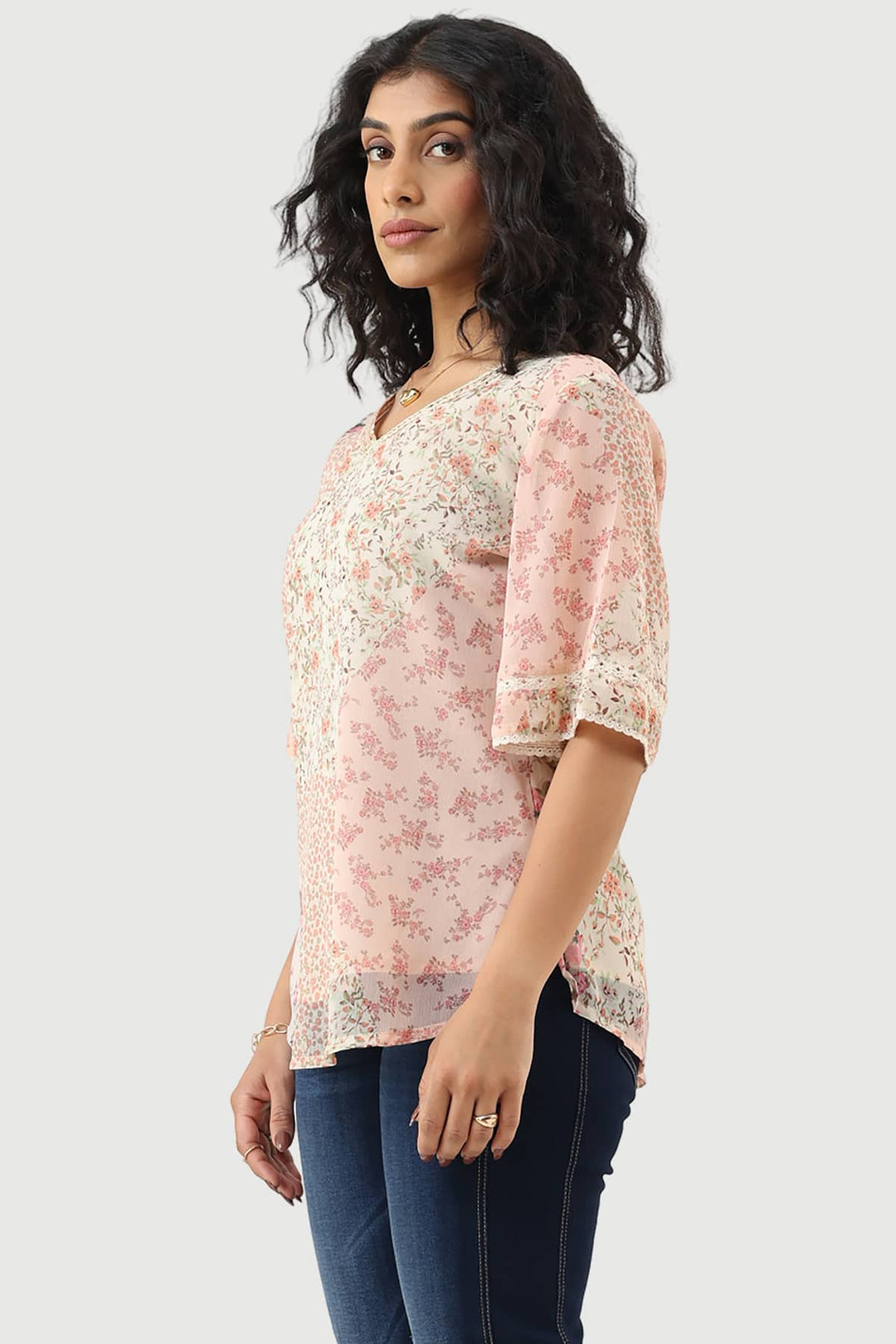 Peach Printed Chiffon Casual Top with V-Neck