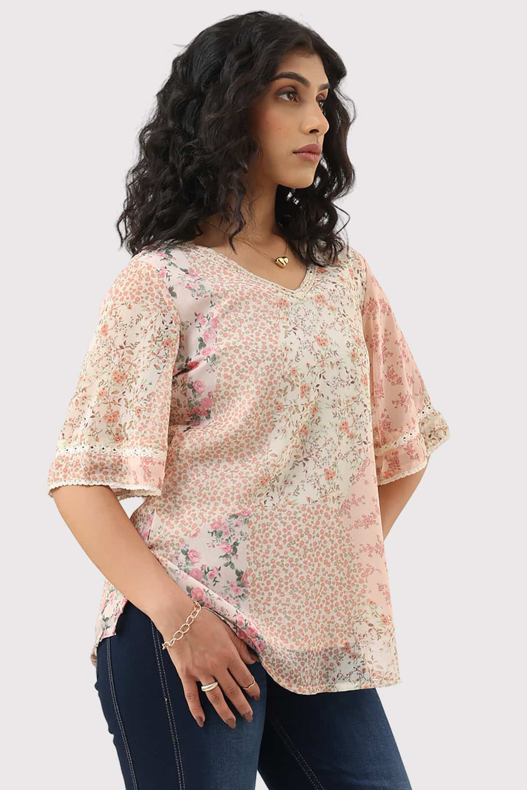 Peach Printed Chiffon Casual Top with V-Neck