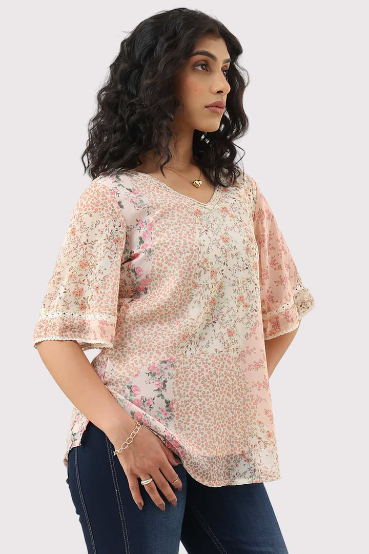 Peach Printed Chiffon Casual Top with V-Neck
