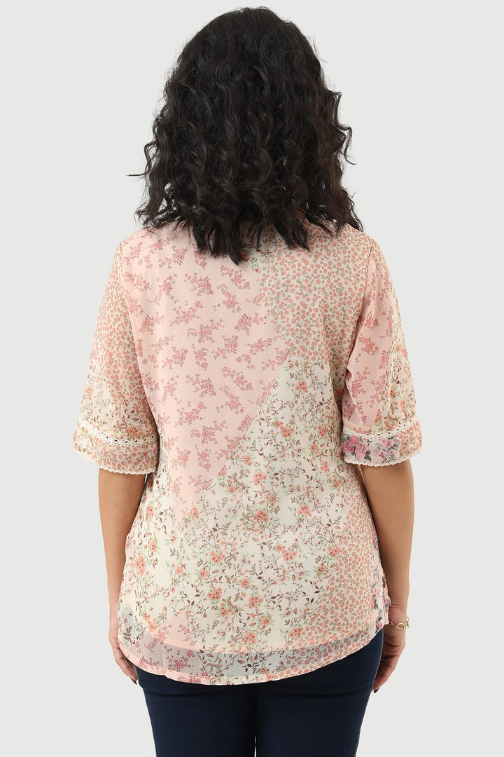 Peach Printed Chiffon Casual Top with V-Neck