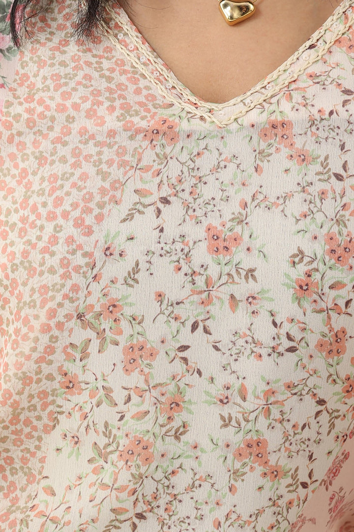 Peach Printed Chiffon Casual Top with V-Neck