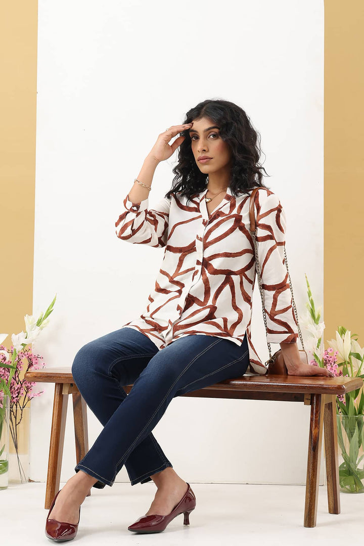 White Printed Viscose Linen Shirt with Mandarin Collar