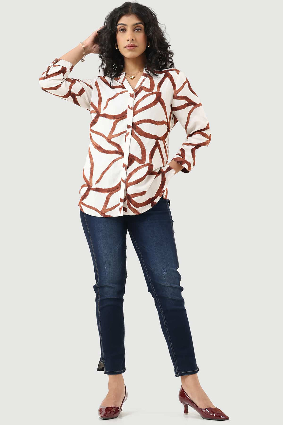 White Printed Viscose Linen Shirt with Mandarin Collar