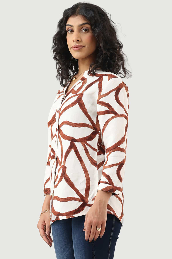 White Printed Viscose Linen Shirt with Mandarin Collar