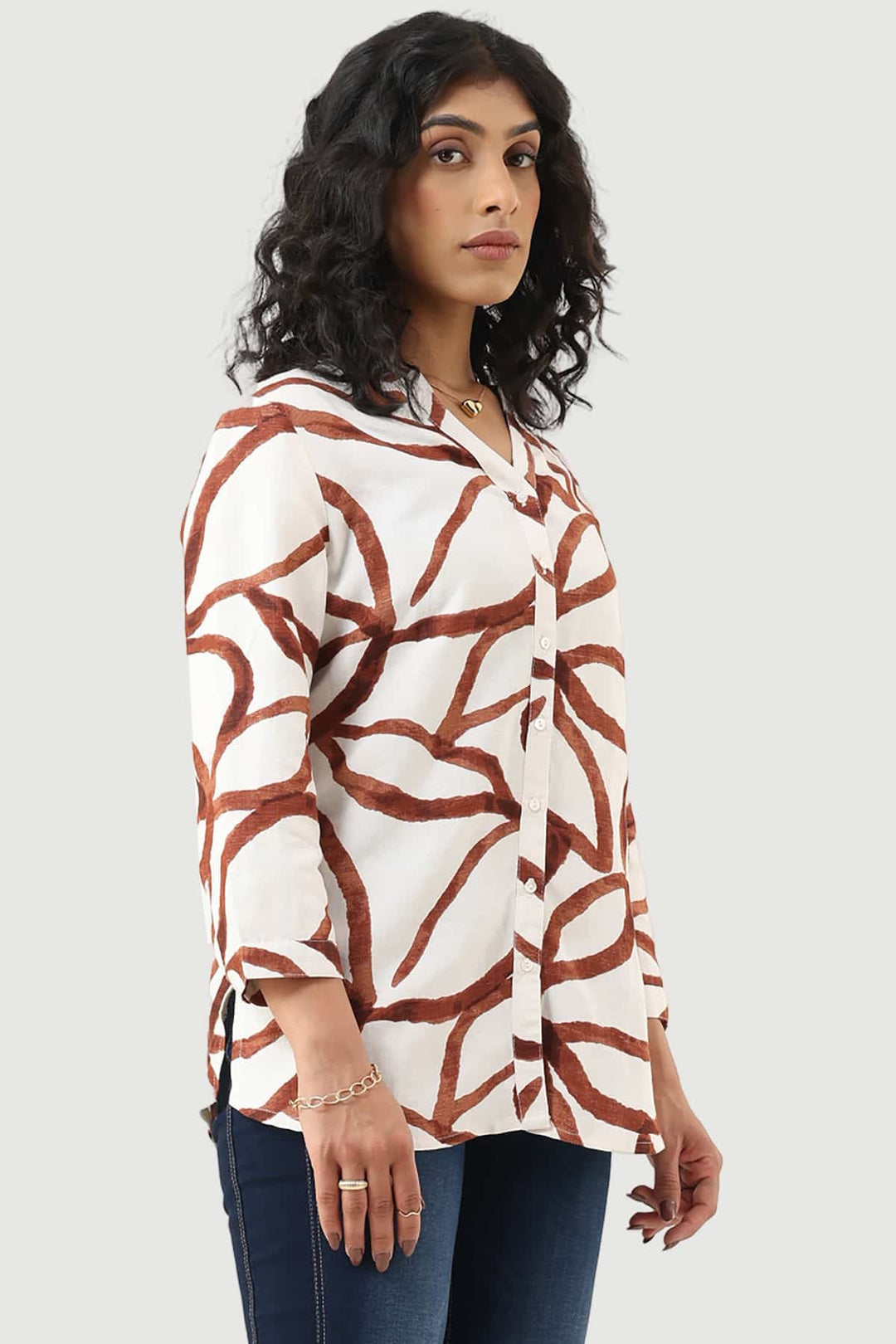 White Printed Viscose Linen Shirt with Mandarin Collar