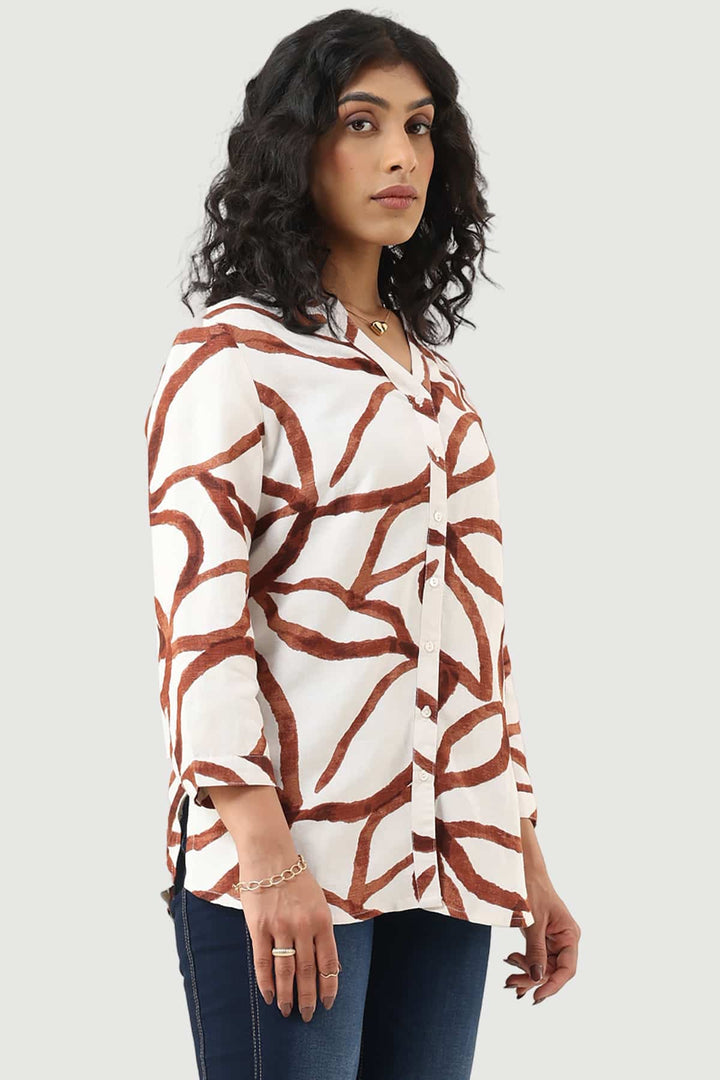 White Printed Viscose Linen Shirt with Mandarin Collar