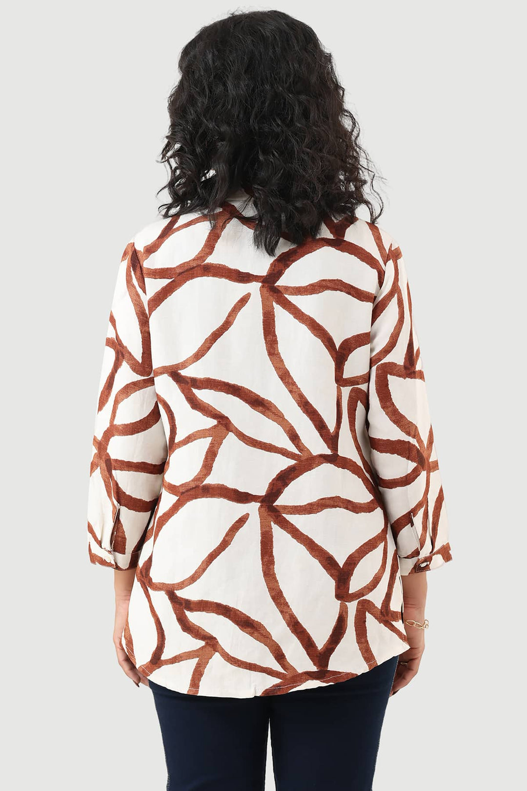 White Printed Viscose Linen Shirt with Mandarin Collar