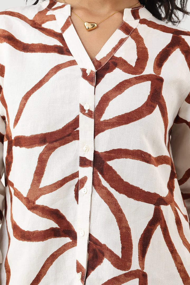 White Printed Viscose Linen Shirt with Mandarin Collar