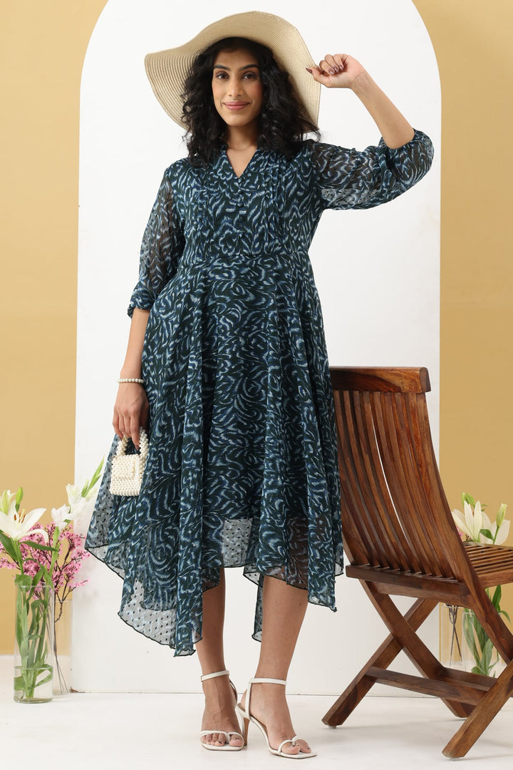 Green Chiffon Dobby Pintuck Dress