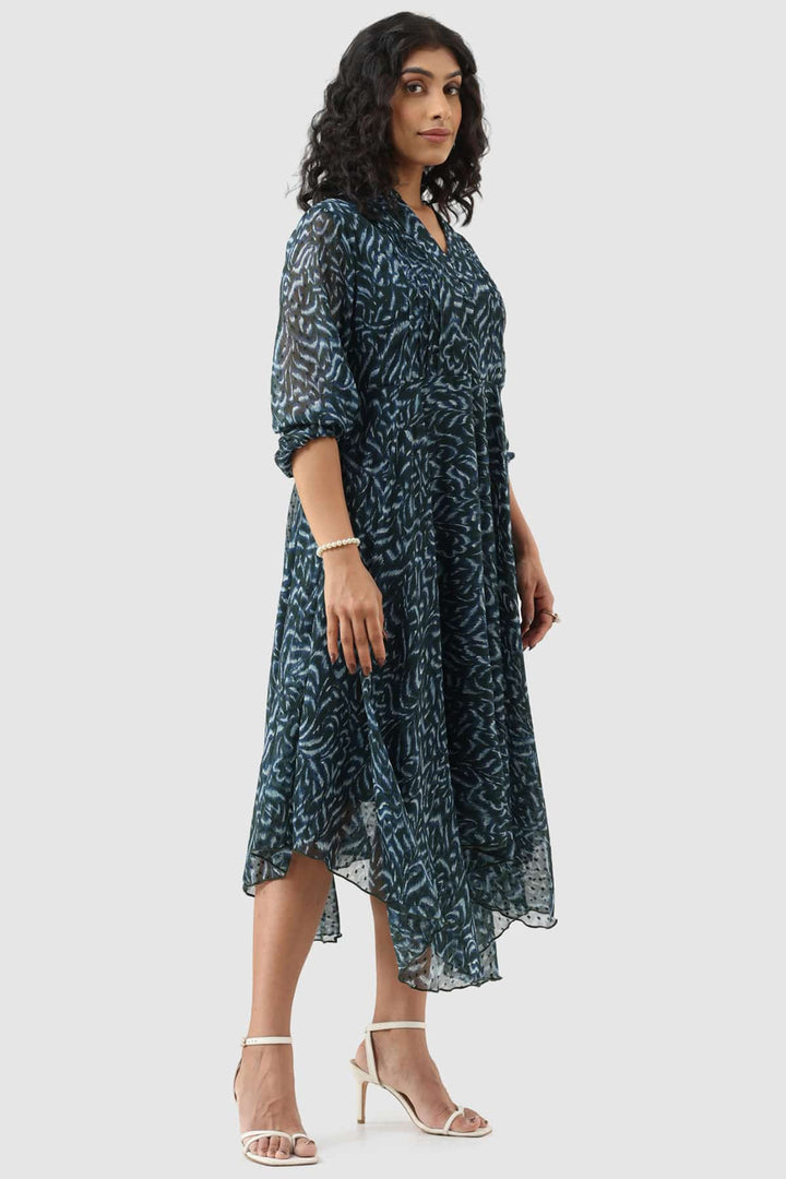 Green Chiffon Dobby Pintuck Dress