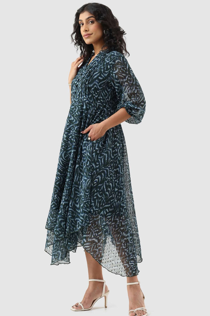 Green Chiffon Dobby Pintuck Dress