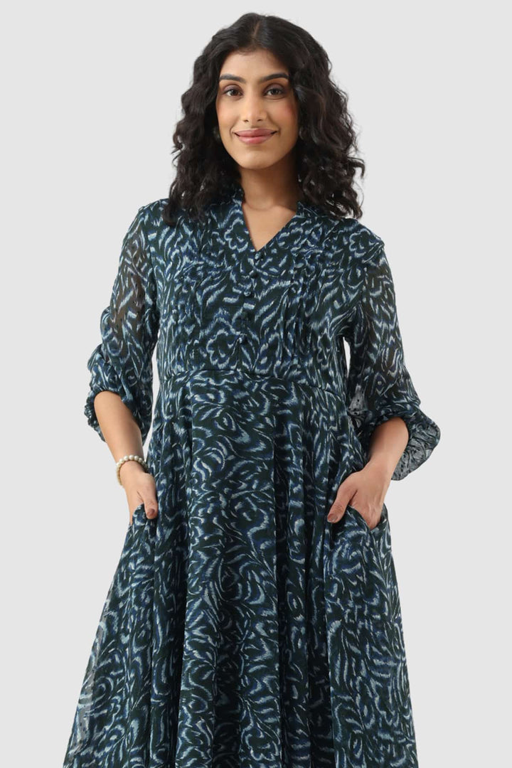Green Chiffon Dobby Pintuck Dress