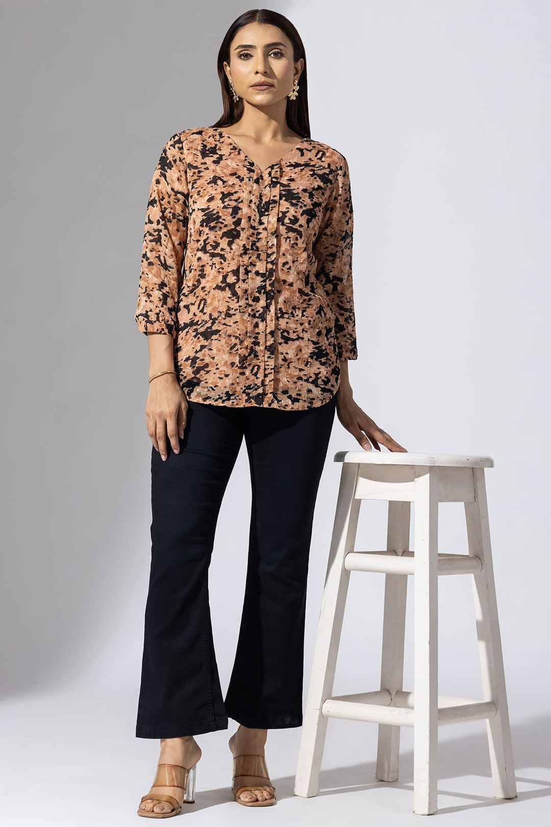 Peach Printed Chiffon Buta V-Neck Top