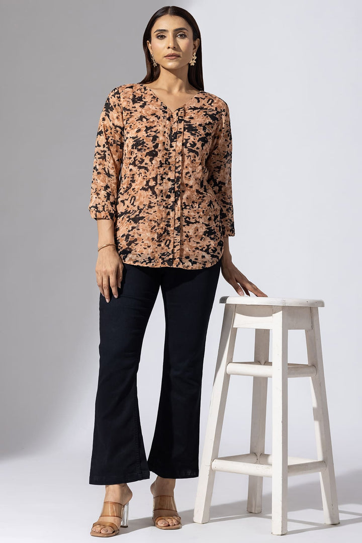Peach Printed Chiffon Buta V-Neck Top