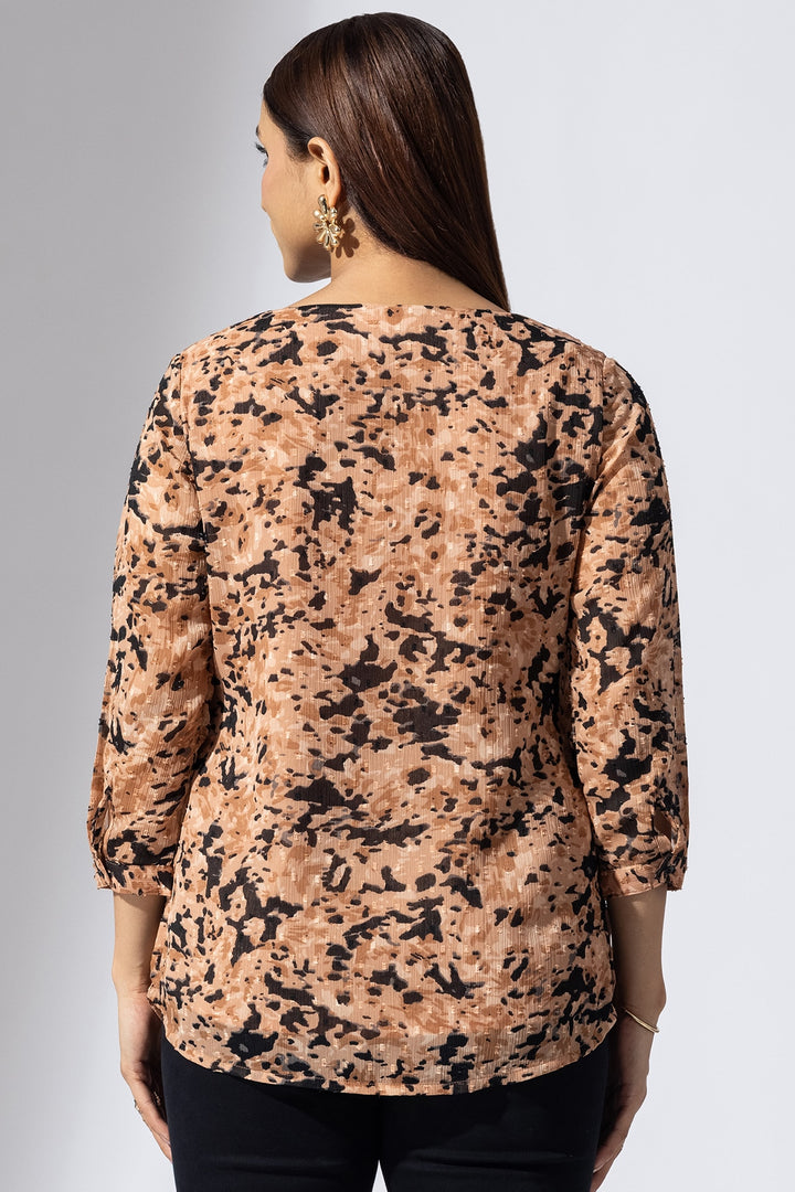 Peach Printed Chiffon Buta V-Neck Top