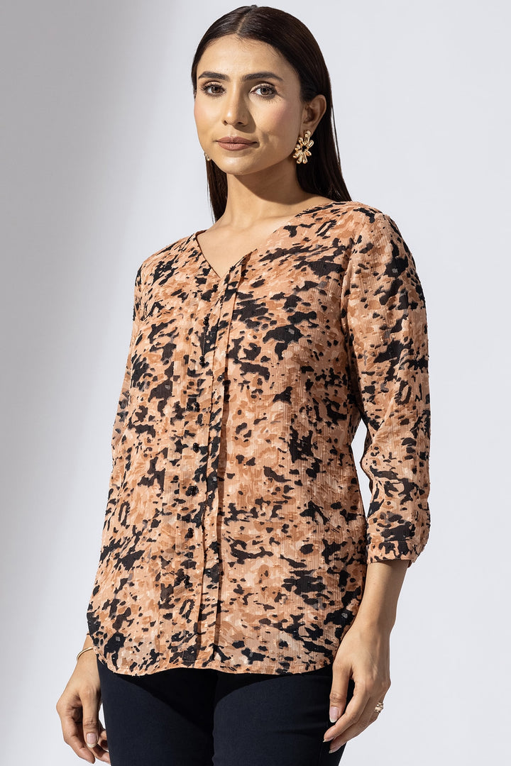 Peach Printed Chiffon Buta V-Neck Top