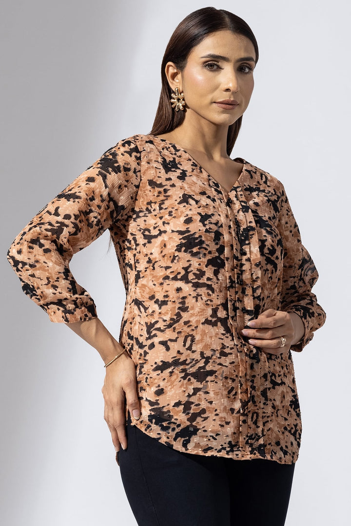Peach Printed Chiffon Buta V-Neck Top