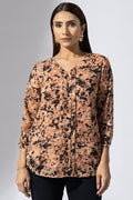 Peach Printed Chiffon Buta V-Neck Top