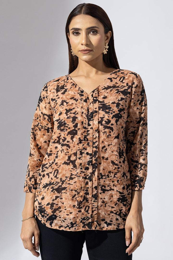 Peach Printed Chiffon Buta V-Neck Top