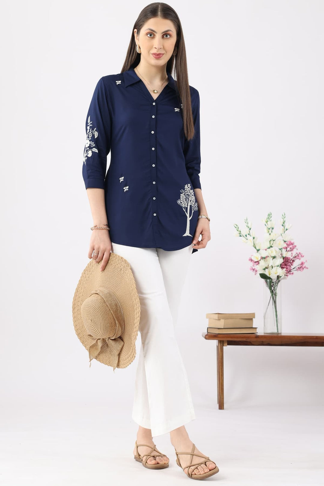 Navy Blue Embroidered Rayon Tunic with Collared Neck