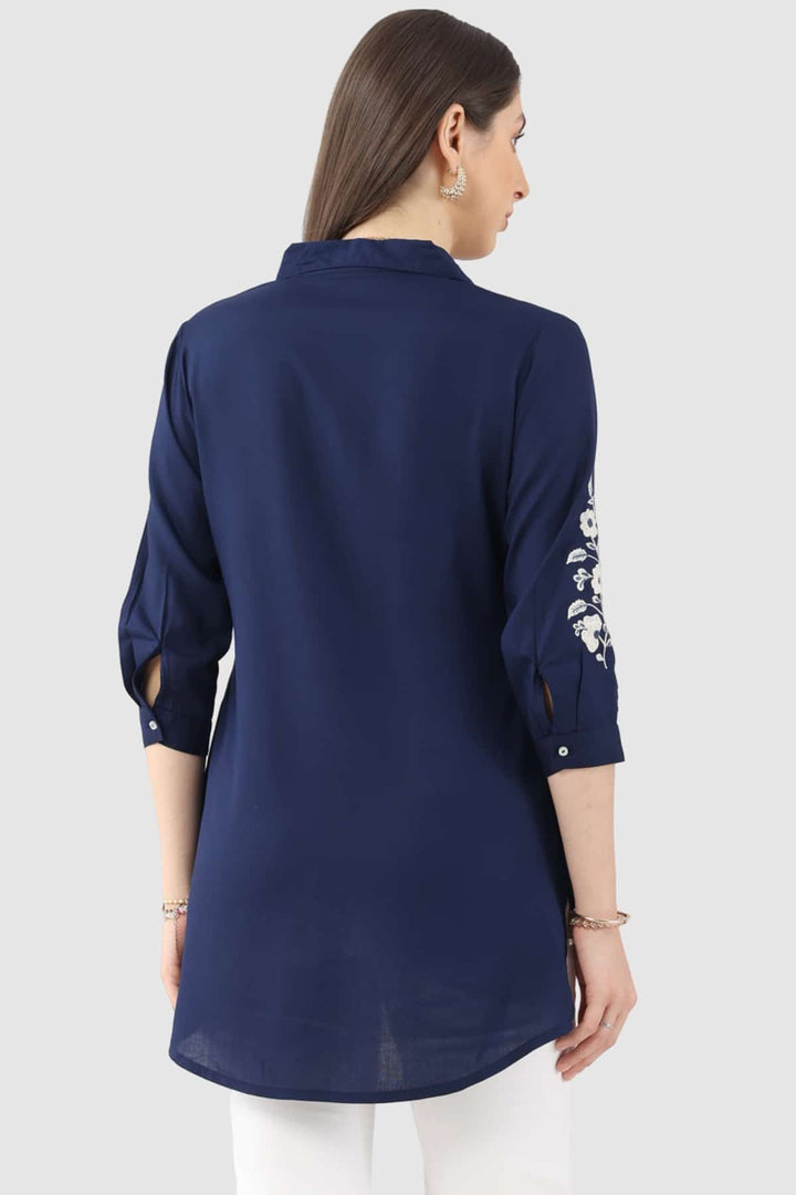 Navy Blue Embroidered Rayon Tunic with Collared Neck