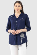 Navy Blue Embroidered Rayon Tunic with Collared Neck