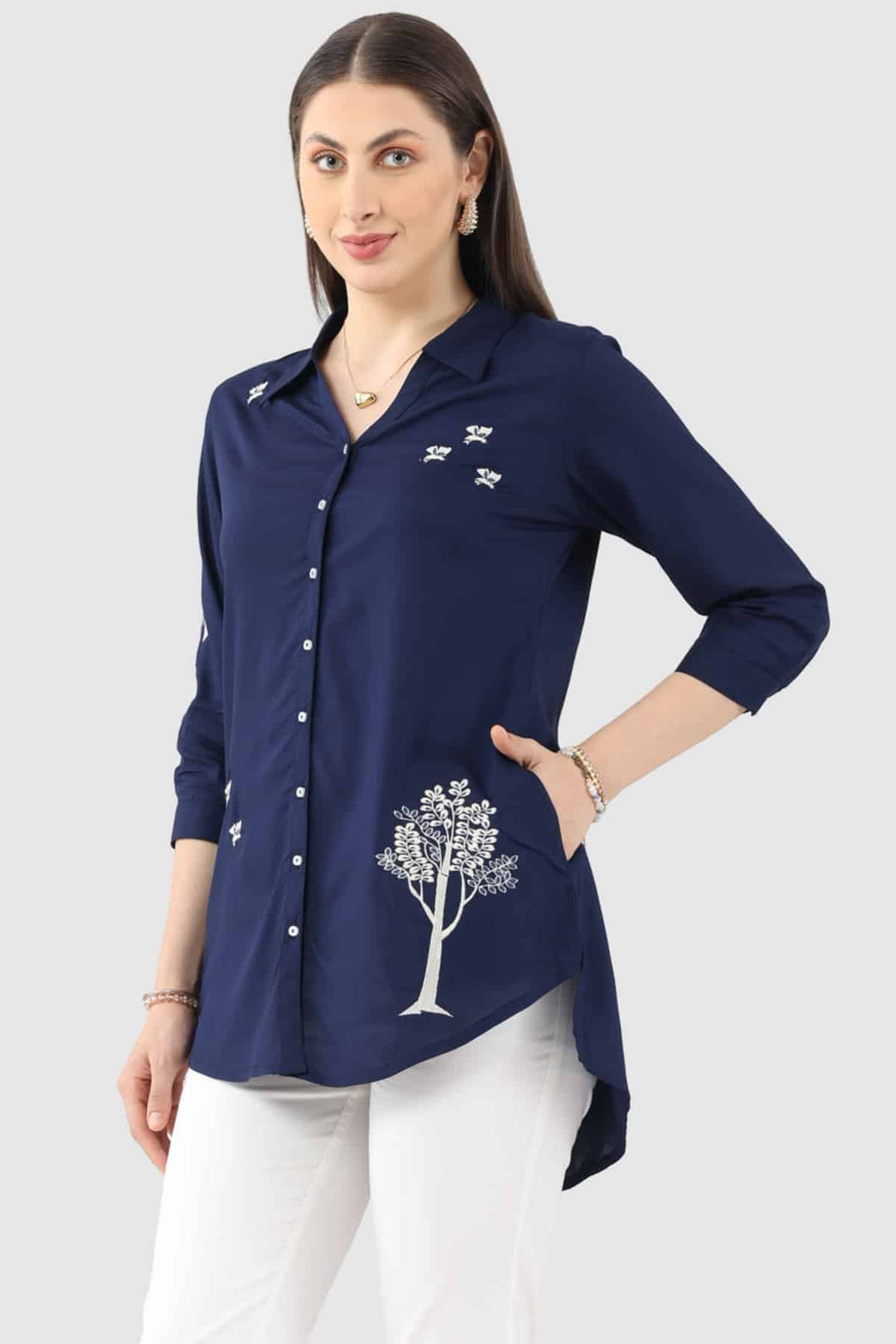 Navy Blue Embroidered Rayon Tunic with Collared Neck