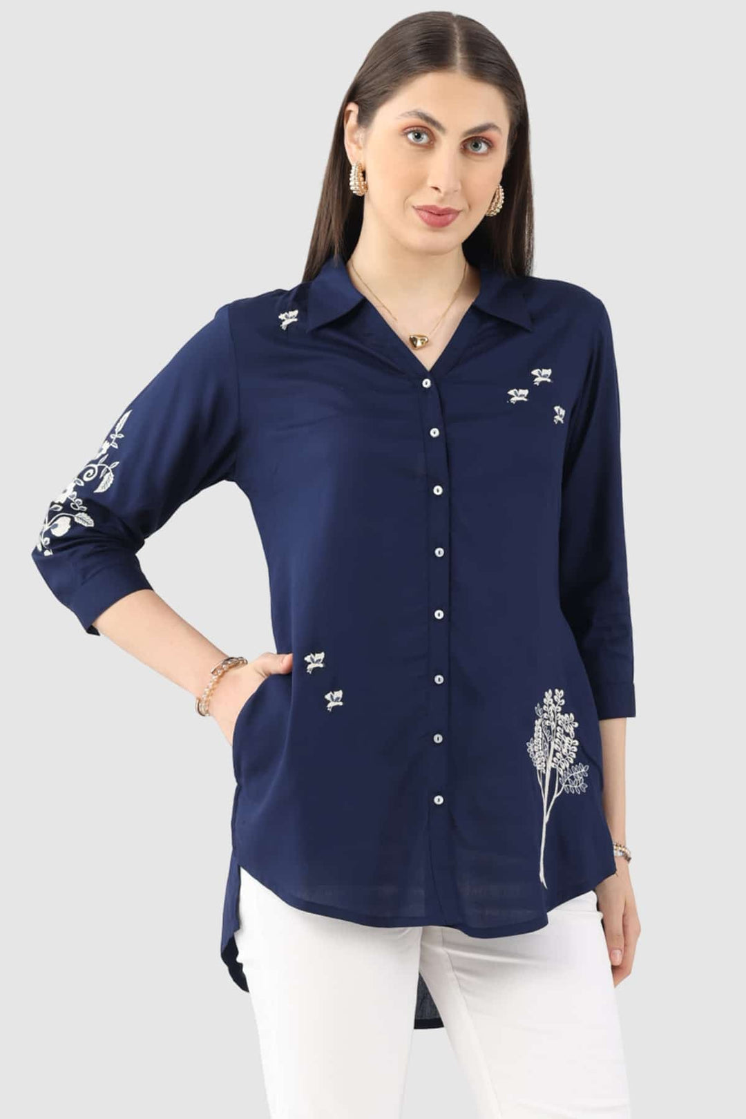 Navy Blue Embroidered Rayon Tunic with Collared Neck