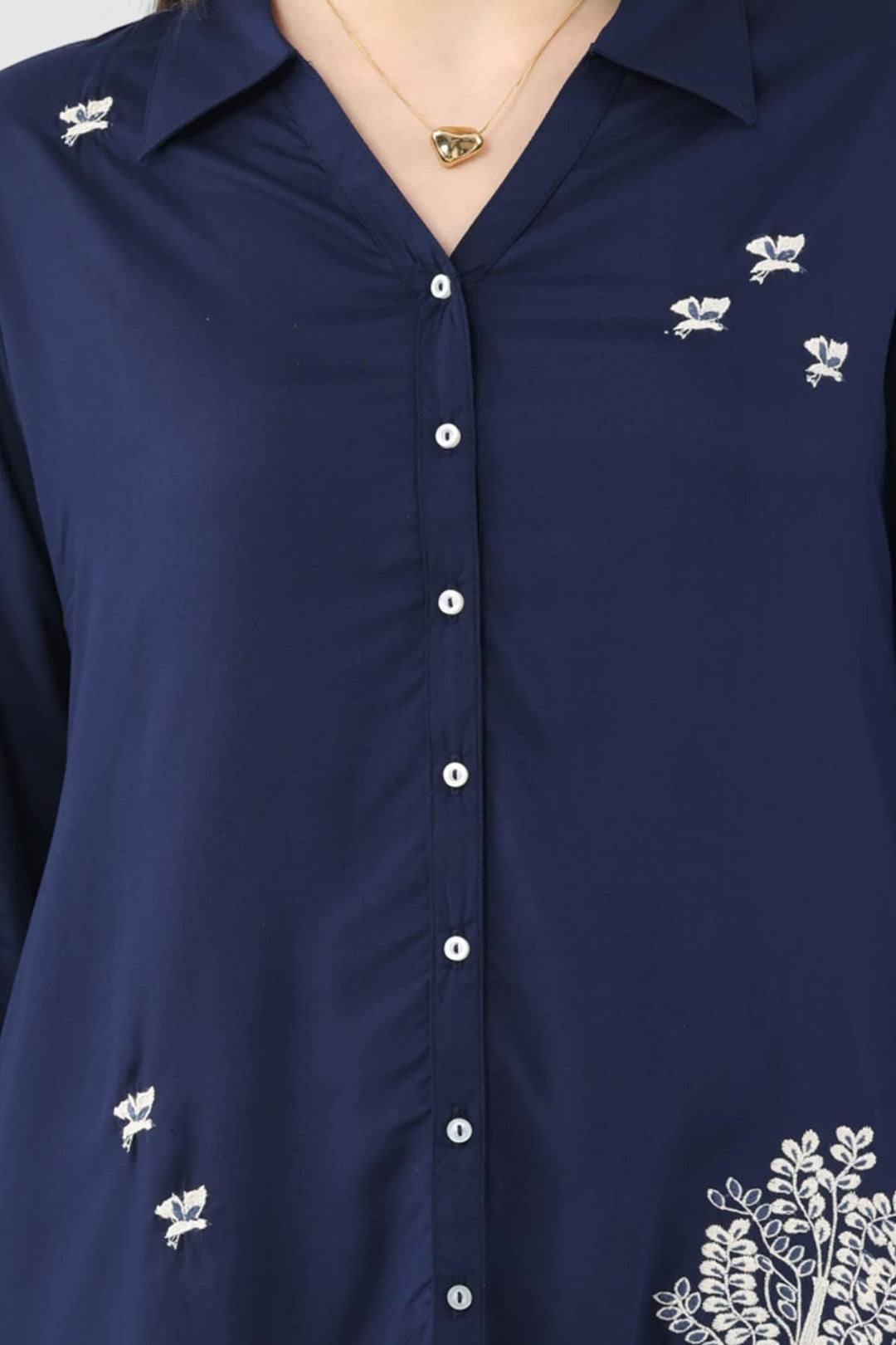 Navy Blue Embroidered Rayon Tunic with Collared Neck