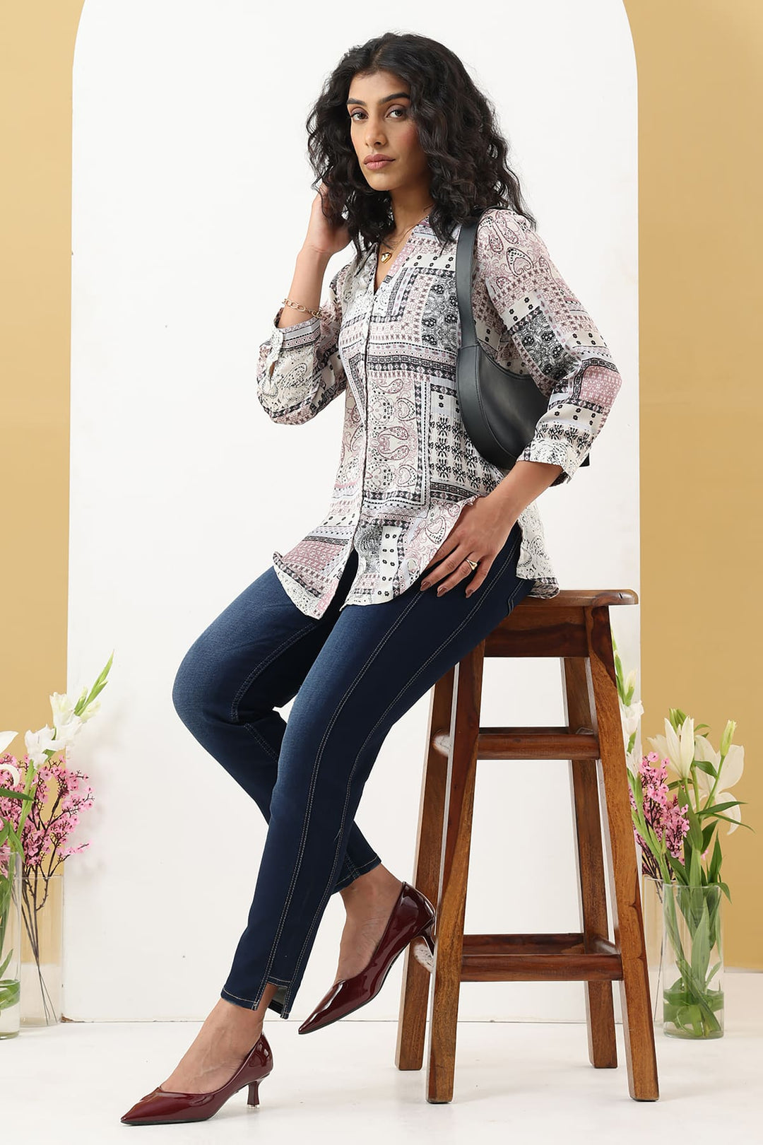 Grey Printed Shirt with Collared Neck