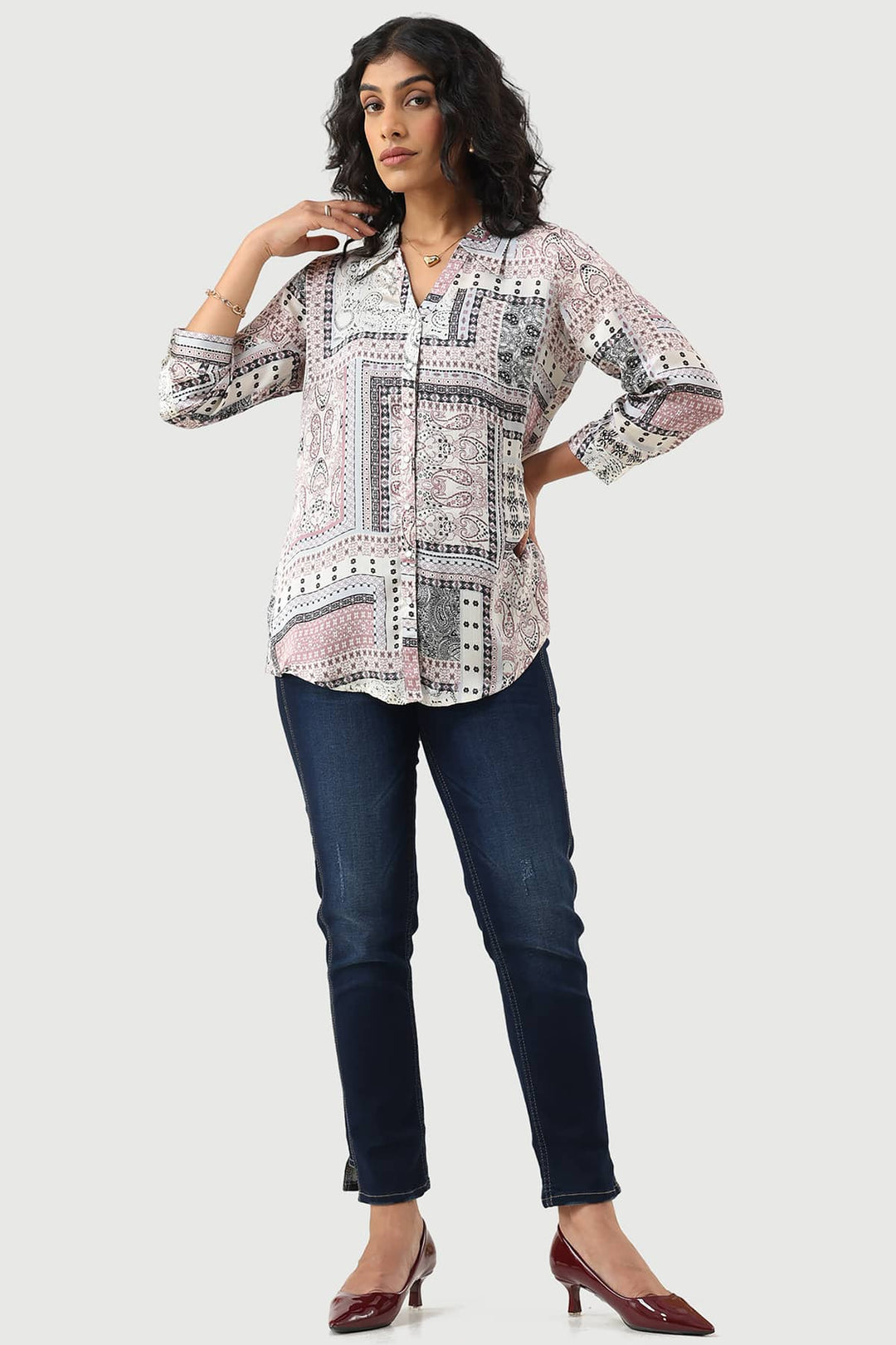 Grey Printed Shirt with Collared Neck