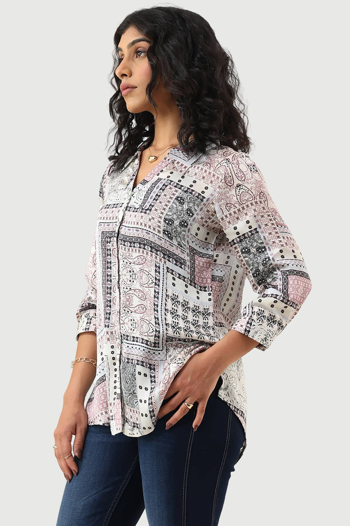 Grey Printed Shirt with Collared Neck
