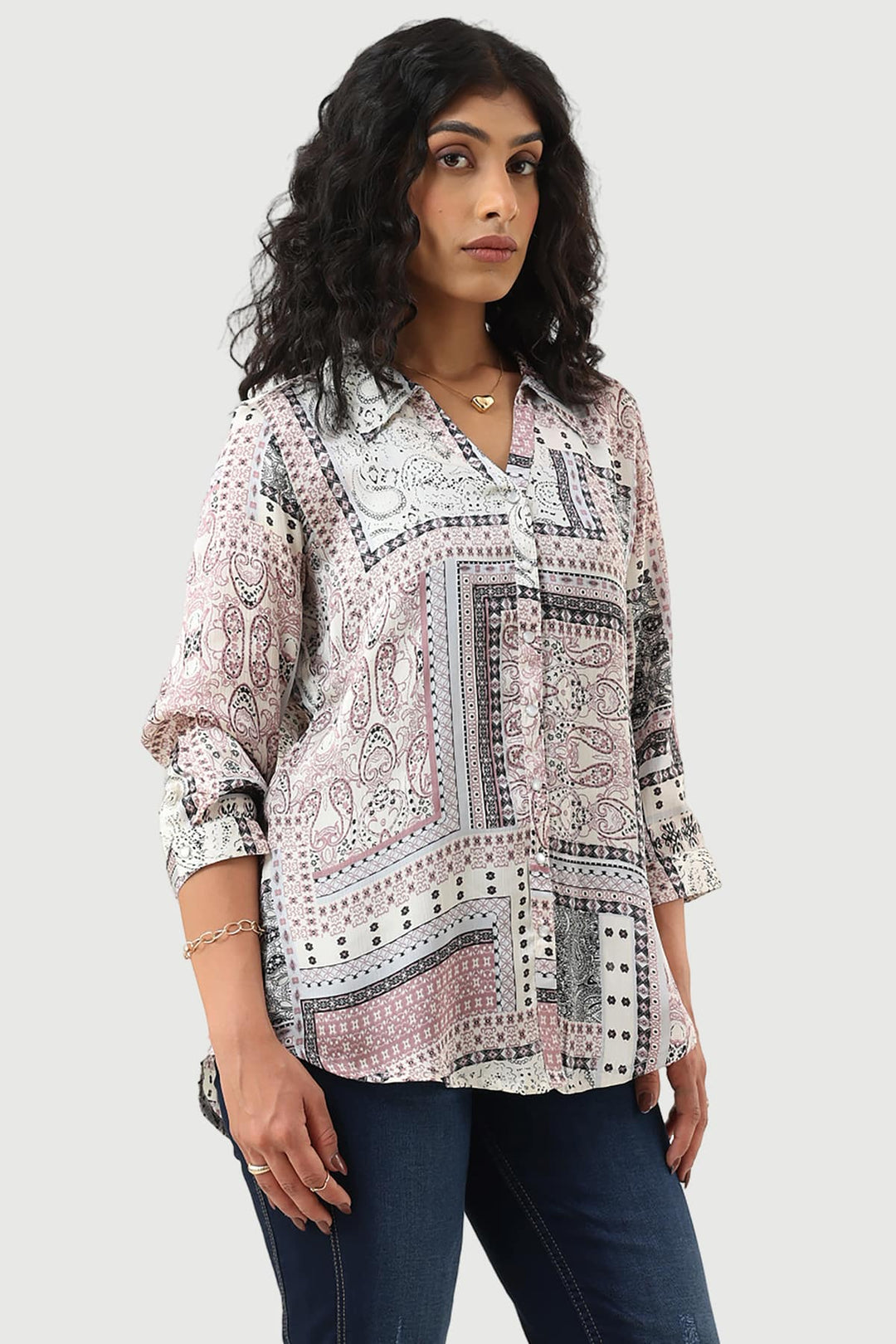 Grey Printed Shirt with Collared Neck