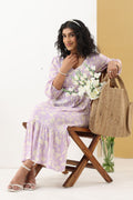Lavender Printed Rayon Crepe Dress with V-Neck