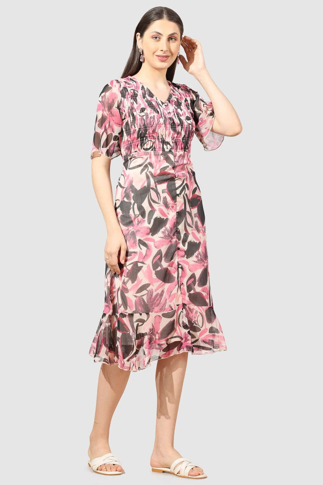 Pink Printed Chiffon Dress with V-Neck