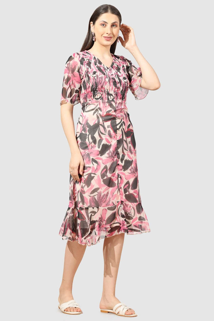 Pink Printed Chiffon Dress with V-Neck