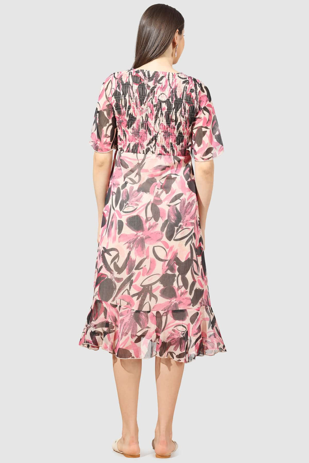 Pink Printed Chiffon Dress with V-Neck