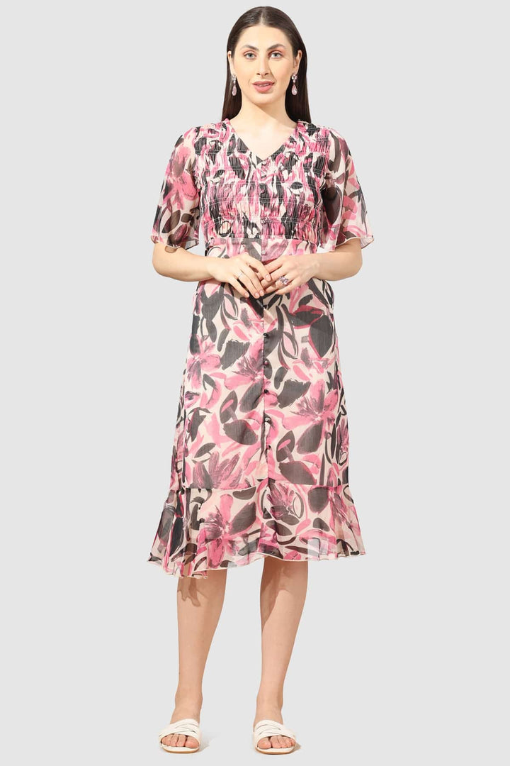 Pink Printed Chiffon Dress with V-Neck
