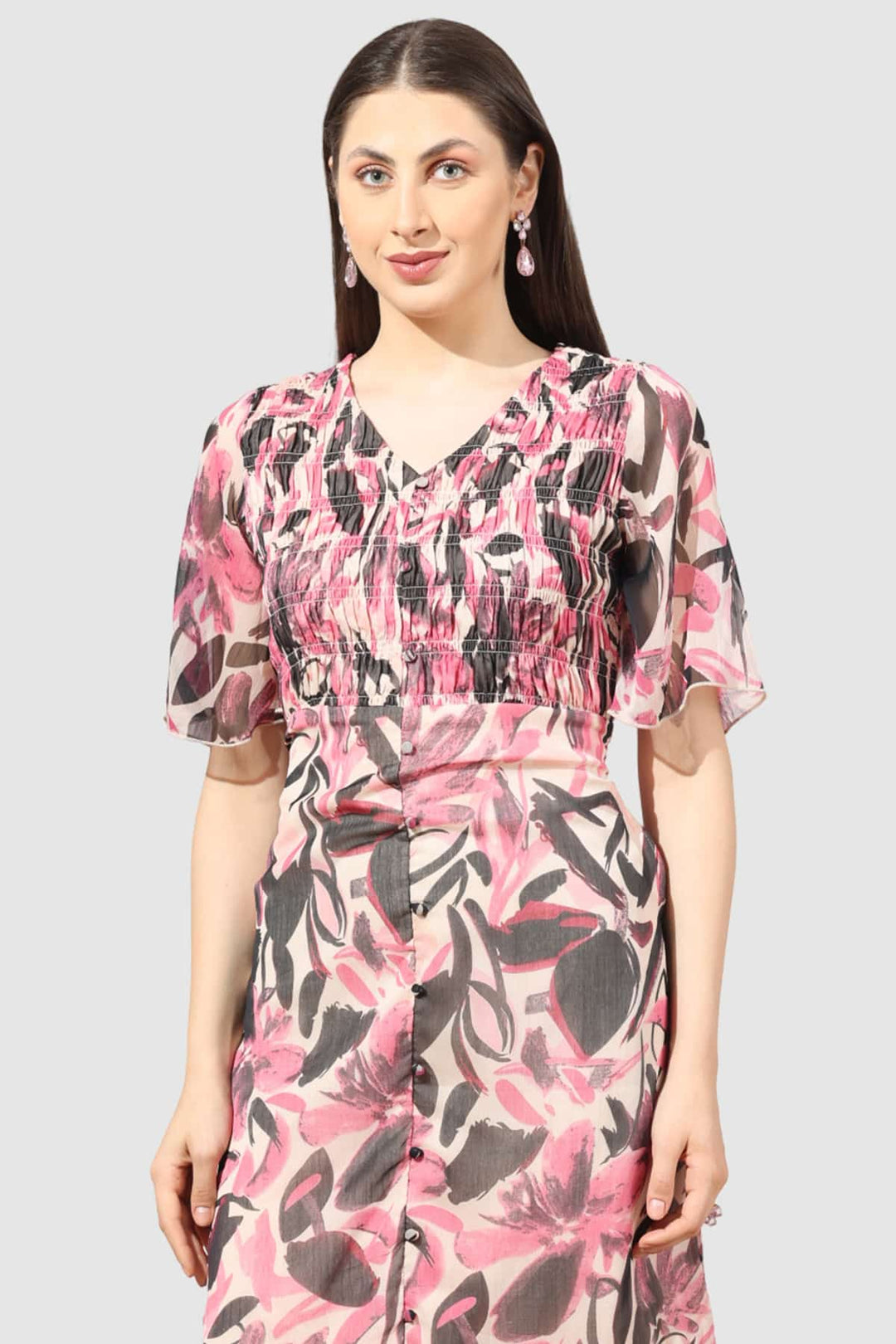 Pink Printed Chiffon Dress with V-Neck