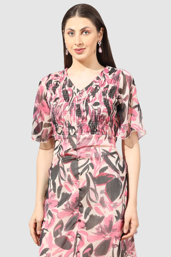 Pink Printed Chiffon Dress with V-Neck