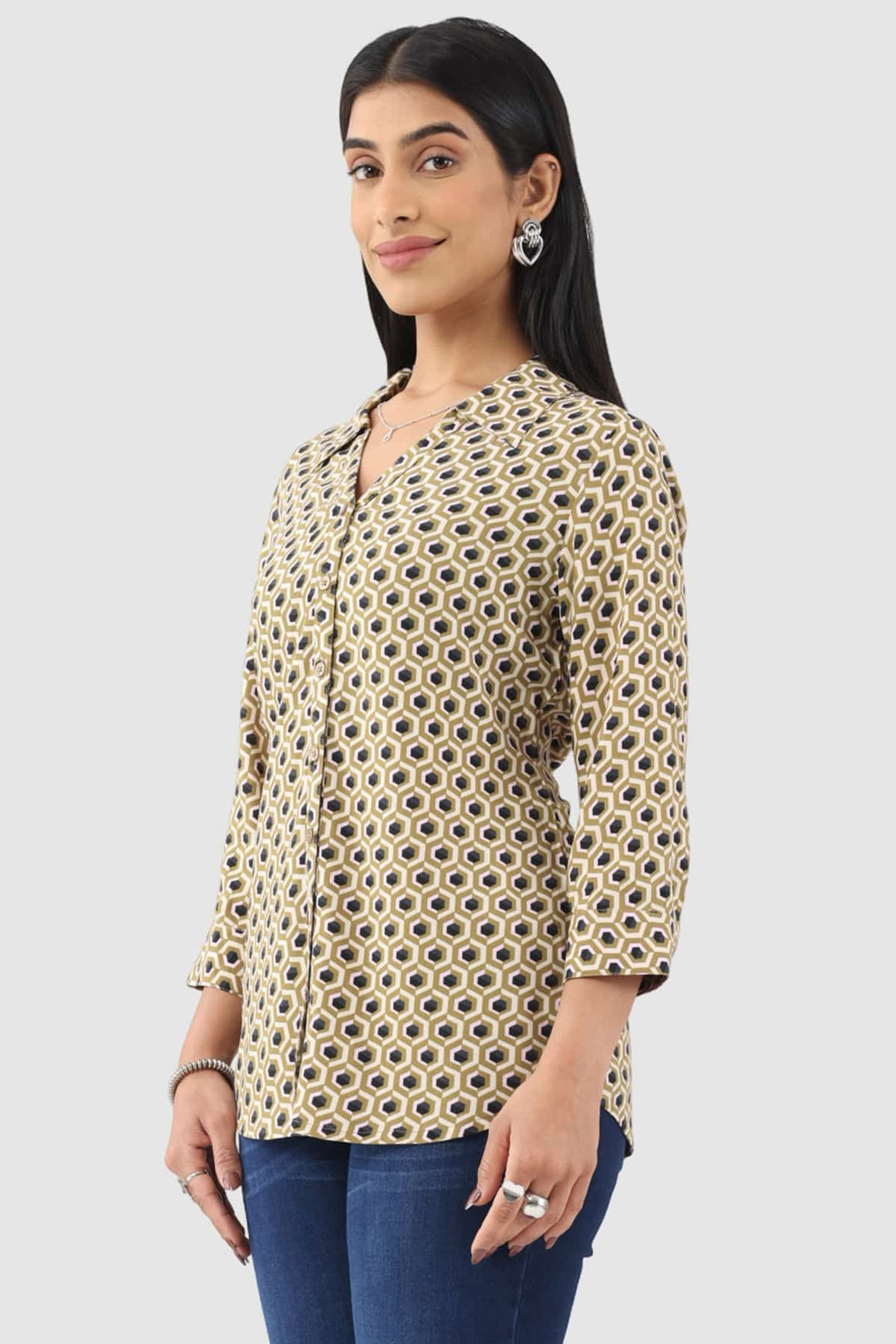 Beige Printed Rayon Shirt