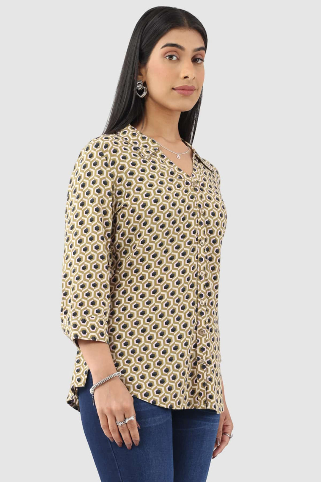 Beige Printed Rayon Shirt